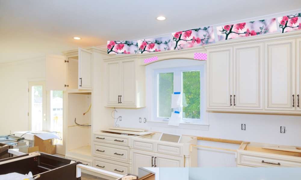 Use wallpapers Decorate Soffit Above kitchen Cabinets