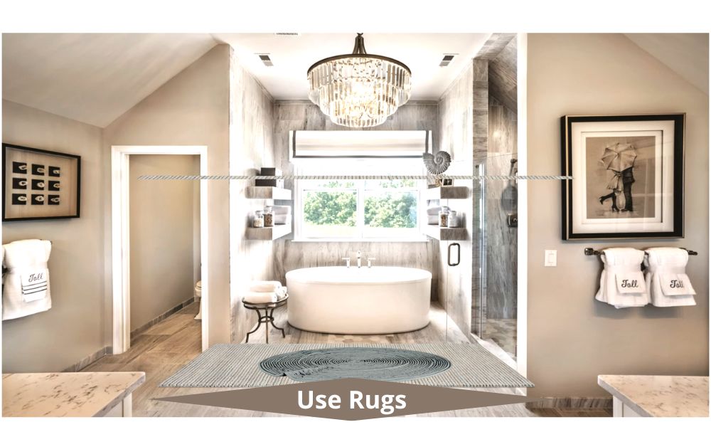  Layered Rugs with Small Creamy and Taupe Bathroom
