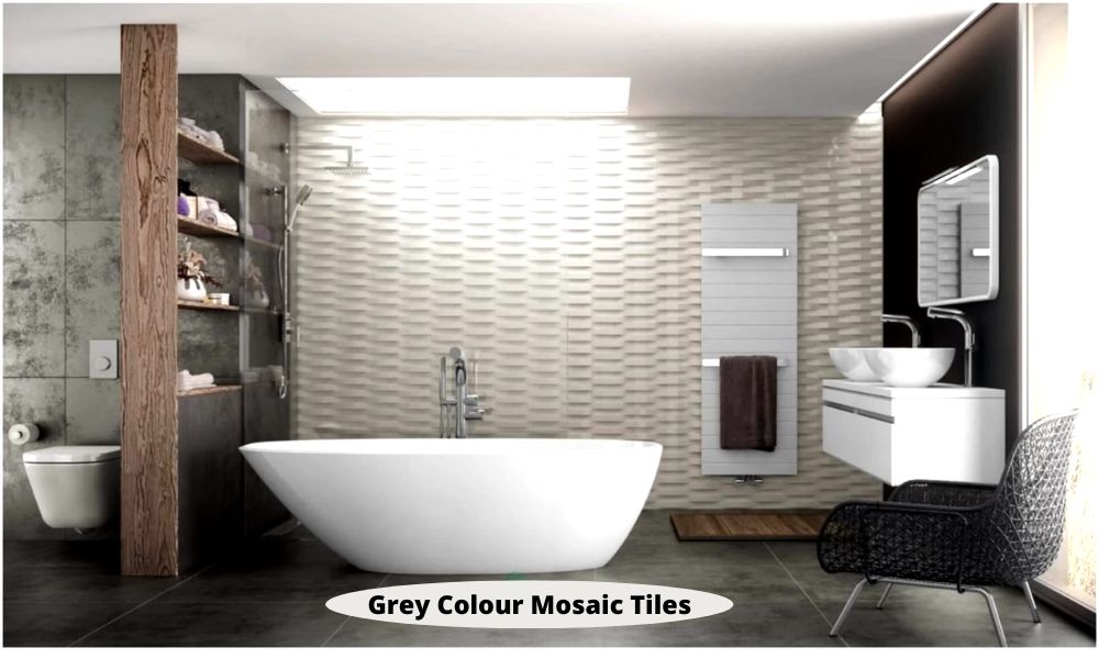 Grey Colour Mosaic Tiles in Small Beige Bathroom