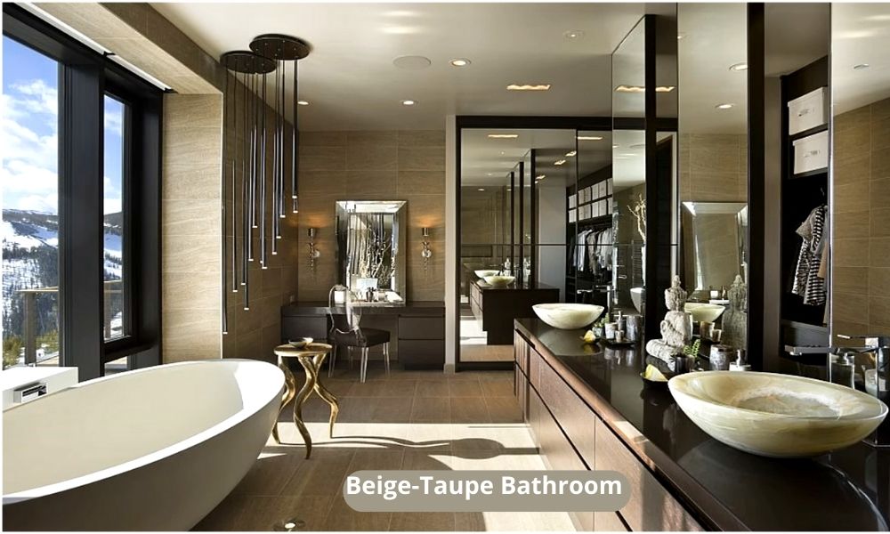 Wooden panels and Various Tiles Gold and Taupe Bathroom 