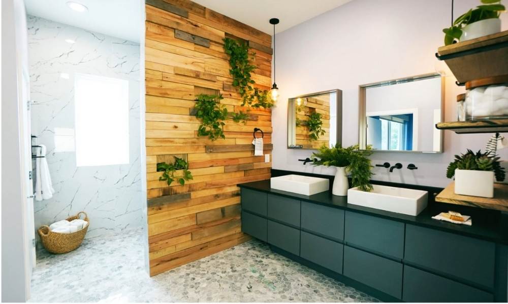 Fresh Plants with Taupe Bathroom Surfaces and White Appliances