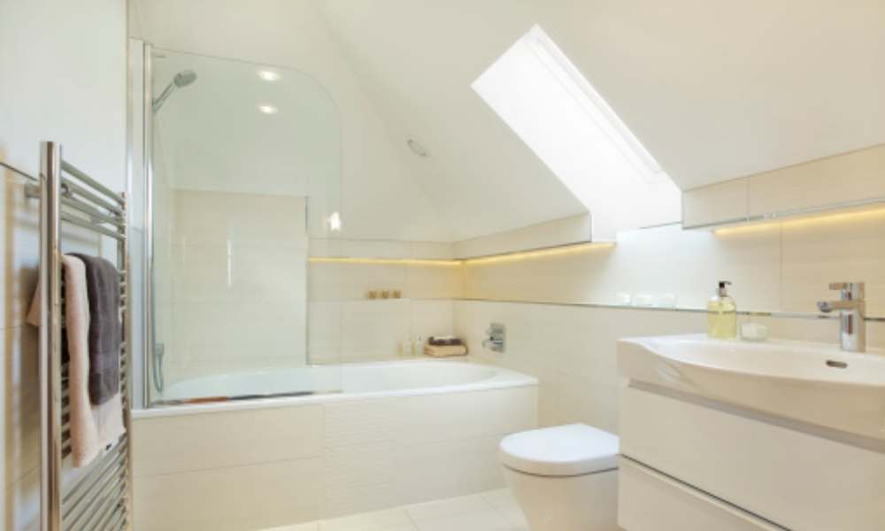 Use Skylight in Beige Bathroom